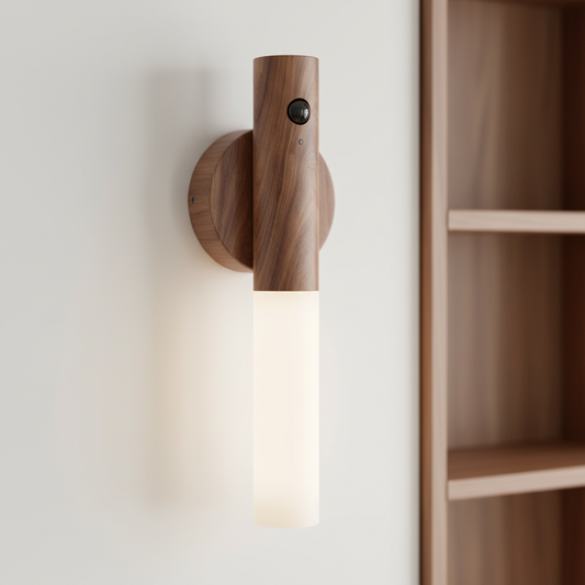Portable Smart Motion Sensor Lamp featuring a vertical dark walnut wood body, a frosted white cylindrical light diffuser, and a small black motion sensor at the top. The USB-C rechargeable lamp is mounted on a light wall, next to a dark wood bookcase.